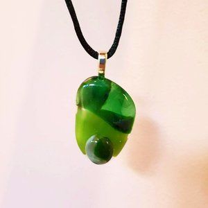 Vintage Green Glass Necklace, Hand Crafted, Fused Art Glass Pendant, Green Glass